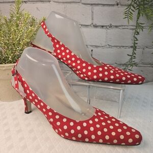 PLATINUM BY JADE RED WHITE POLKA DOT SLING BLACK VINTAGE RETRO .0WOMENS 10
